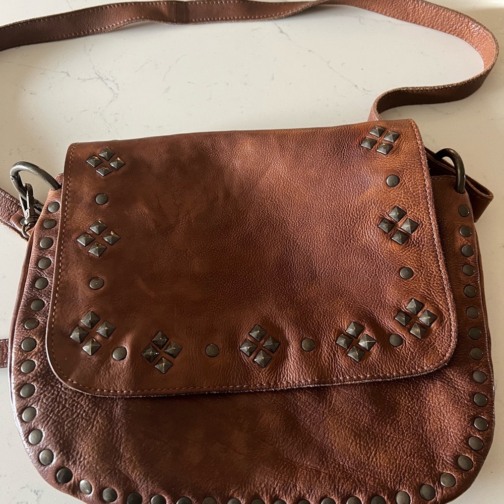 NEVER MIND Brown Leather Studded Women's Bag